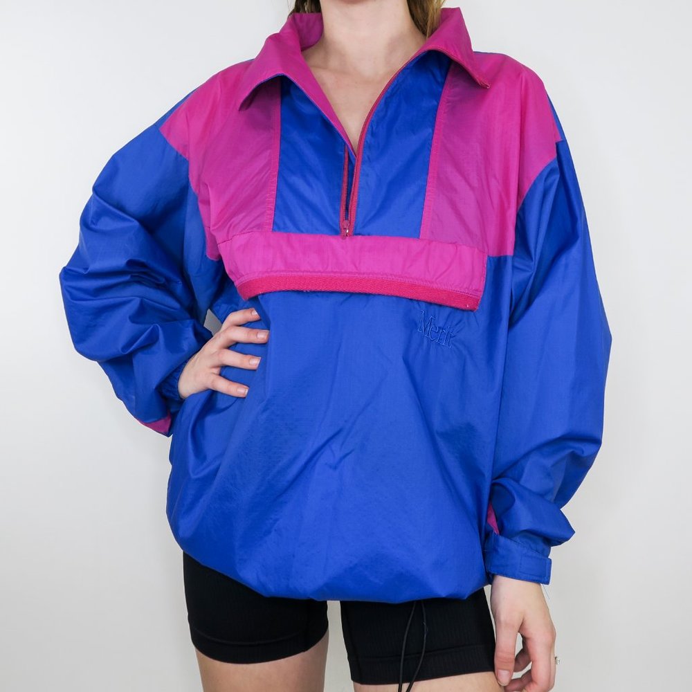 Vintage 80s Merit Colorblock Fuchsia & Blue Packable Windbreaker